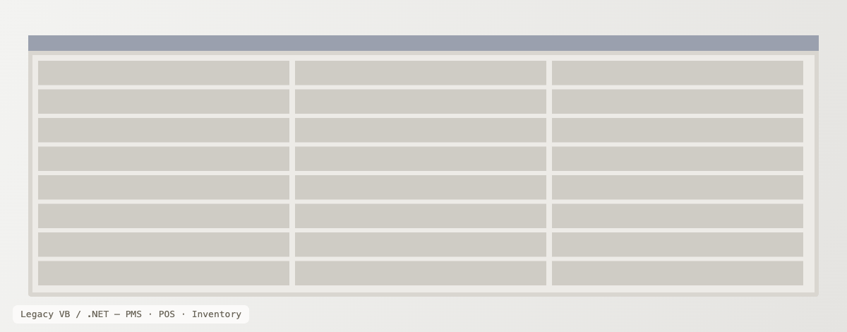 Legacy VB / .NET screenshots — PMS, POS, Inventory