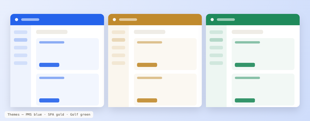 Product theme showcase — PMS blue, SPA gold, Golf green